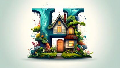 A whimsical house nestled within a large letter H