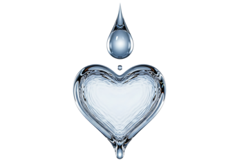 Water drop falling into a heart shape made of water, isolated on transparent background