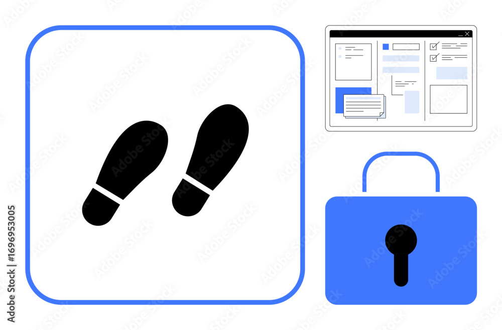 Poster footprints suggest tracking usage patterns, a window conveys data tracking, and a lock emphasizes se