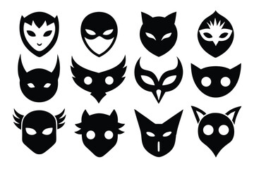 Collection of Black Silhouette Masks with Animalistic and Superhero Inspired Design Elements