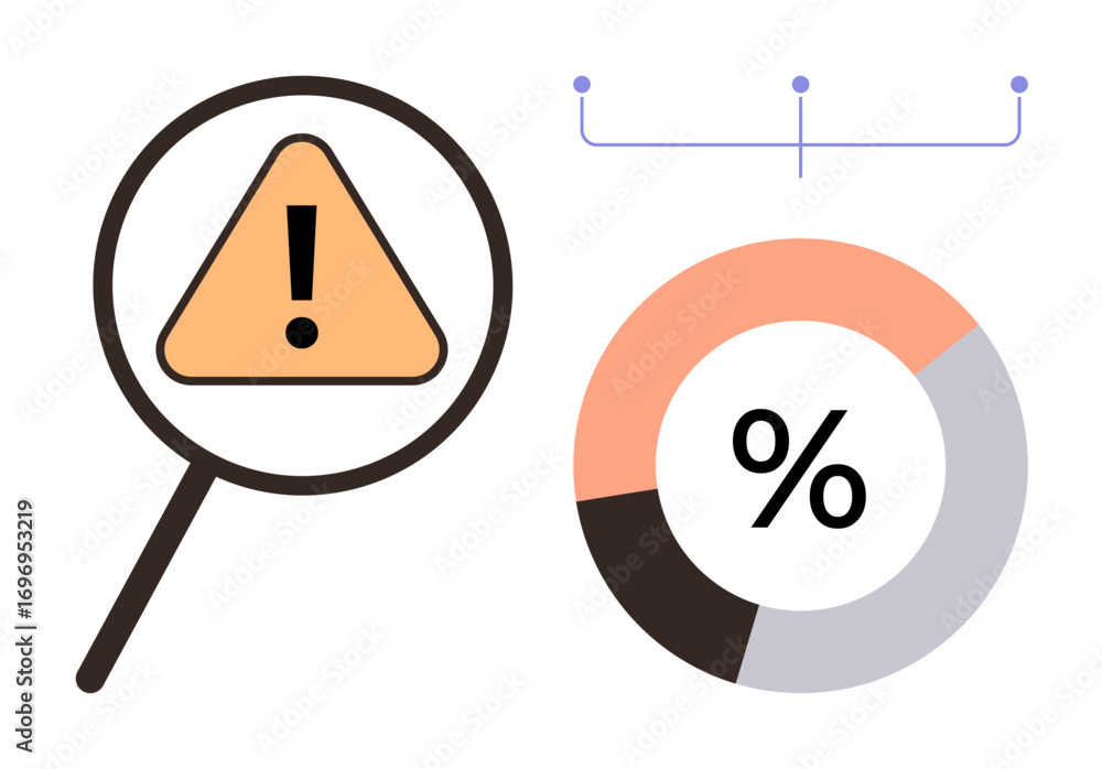 Poster magnifying glass focusing on warning sign near a pie chart and connecting nodes. ideal for risk anal