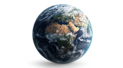 Stunning realistic Earth globe showcasing continents, oceans, and swirling clouds against a clean white backdrop, perfect for global concepts.