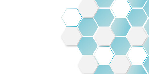 Fototapeta premium Abstract vector illustration Science technology and medical concept hexagon. white and light blue hexagon design concept with geometric background. Vector for banner and business. 