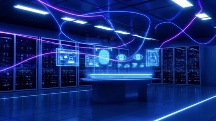 Futuristic data center with glowing neon lights, showcasing advanced technology and digital interfaces - Powered by Adobe