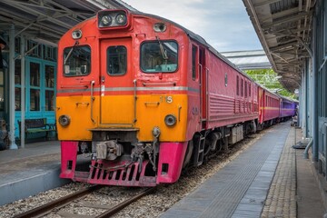 Obraz premium Diesel Locomotive at Hua Hin Station: A Journey Through Siam's Traditional Transportation