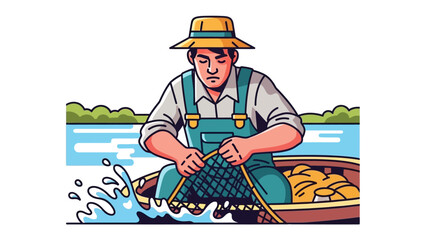 Fisherman's Labor: An illustration captures the essence of a diligent fisherman, diligently mending his net within his boat on a tranquil lake.