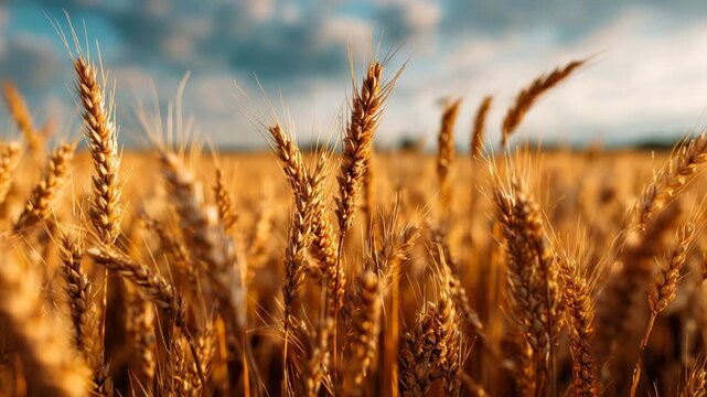Golden wheat field under blue sky close up view of ripe ears of grain natural agriculture background harvest season rural farmland countryside concept organic food production summer landscape