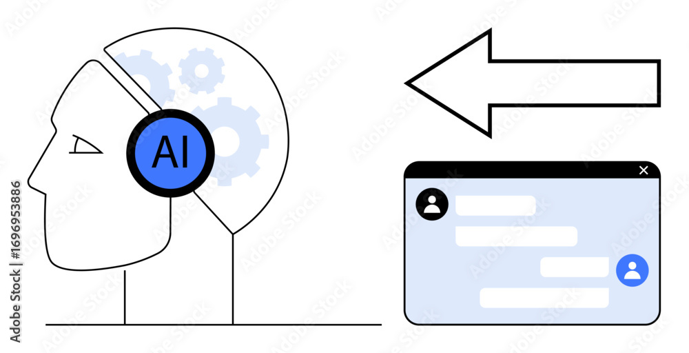 Poster human profile with ai symbol and gears, arrow pointing to a chat interface. ideal for ai, innovation