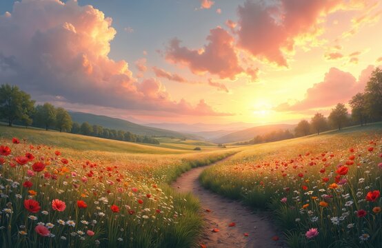 Vibrant wildflower meadow with red poppies, yellow daisies, white blossoms under soft sunset sky. Winding dirt path leads through blooming floral landscape. Gentle light illuminates rolling hills,