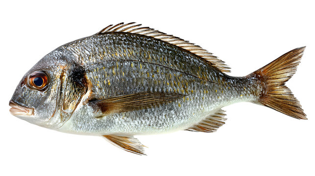 Gilthead seabream fish profile view isolated black background seafood ocean animal wildlife nature