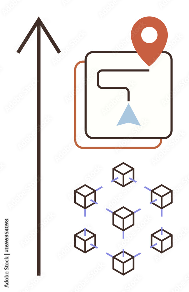 Poster arrow denoting direction, map path with geolocation pin and triangular marker, connected network of 