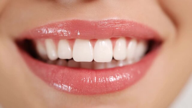 Close up of smiling woman with healthy white teeth dental care and oral hygiene concept beauty smile