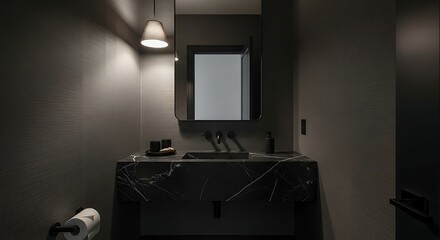 Moody Bathroom Interior with Dark Walls, Mirror, and Single Pendant Light.