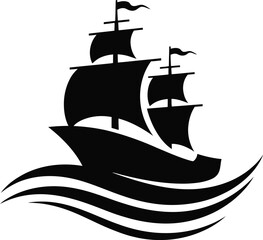 Classic tall ship silhouette sailing on stylized waves nautical maritime scene