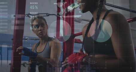 Boxer adjusting blue hand wraps inside boxing ring, with red padded posts, data overlay, copy space