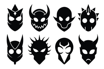 Collection of Eight Abstract Black Masks with Different Horns and Facial Features Silhouettes