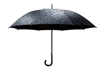 Classic black umbrella open. Protection from rain, sunlight. Waterproof accessory. Isolated on white background. Storm protection. Weather forecast. Autumn season is 