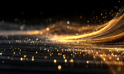 Digital Gold Particles Wave and light abstract backgound with shining floor paticle stars dust. Futuristc glittering Luxury goldensparkling on black backgrond.