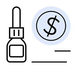 Minimalist dropper bottle beside a dollar sign in a blue circle. Ideal for healthcare cost, pricing strategy, medical budgeting, pharmaceutical sales, online shopping, economic planning, simple flat
