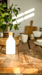 A white bottle on a rustic wooden table, with greenery and tableware in the background. Sunlight streams through the space