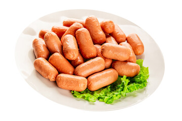 Mini sausages fresh delicious processed meat tasty snack fresh delicious gourmet food background on the table rustic food top view copy space
