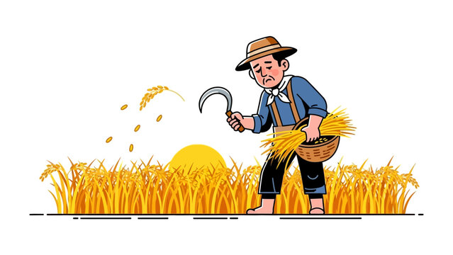 Golden Harvest: A diligent farmer, bathed in the warm embrace of the sun, diligently reaps a bountiful harvest of golden wheat, embodying the essence of rural labor and the prosperity of agriculture.