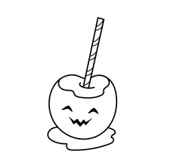 Caramel apple. Halloween sweet treat. Decorative element. Coloring book element. Outline contour vector isolated illustration.