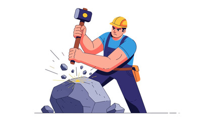 Construction Worker at Work: In a vibrant illustration, a construction worker, wearing a hardhat, wields a sledgehammer, breaking a large rock to show his determination and skillful effort.