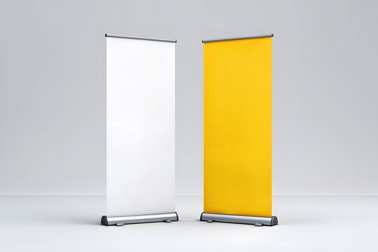 Two roll up banners displaying red text on white and yellow backgrounds