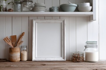 Empty vintage distressed white wood frame template in cozy kitchen setting with rustic decor