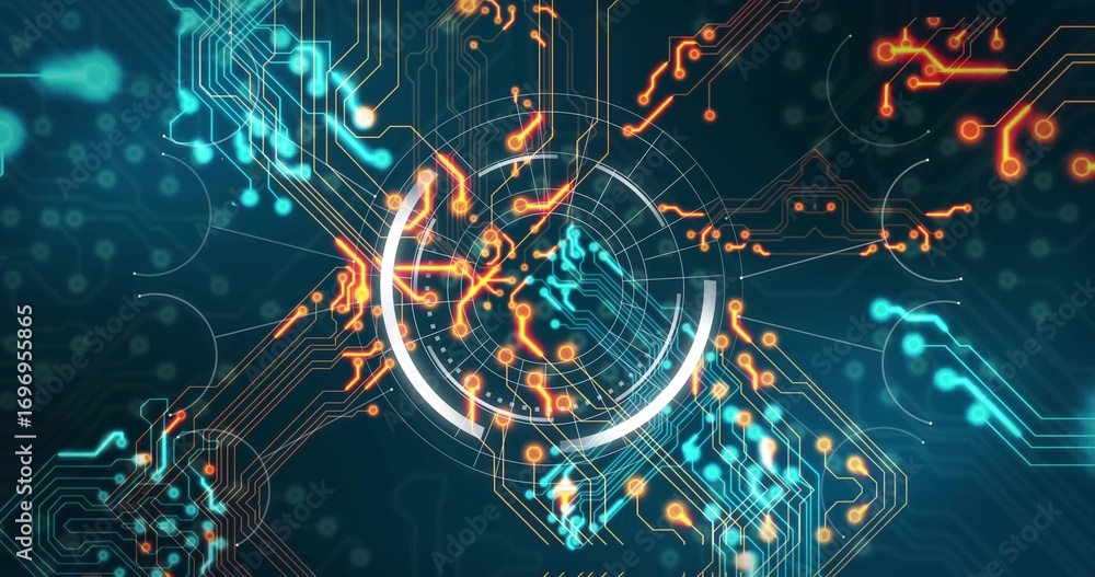 Aufkleber animating central hologram interface rotating on grid, with concentric rings, circuits and nodes