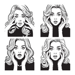 Set of surprised woman faces in pop art retro comic style. Beautiful girl with shocked expression. Vector illustration.