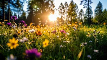 Vibrant wildflower meadow illuminated by sunset, showcasing nature's beauty and serenity