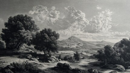 Vintage Engraving of an Antique Landscape: A 1852 Artistic Exhibition Depiction