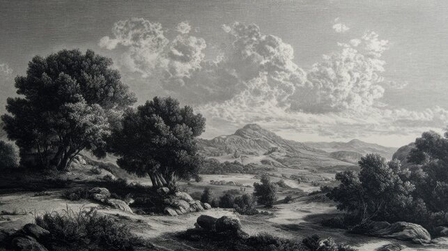Vintage Engraving of an Antique Landscape: A 1852 Artistic Exhibition Depiction