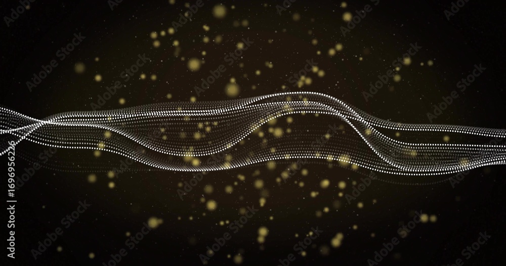 Poster flowing layered white dotted wave lines spanning dark field, with golden bokeh particles