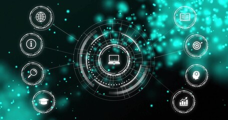 Fototapeta premium Displaying laptop icon rotating HUD rings in interface with teal backdrop and peripheral icons