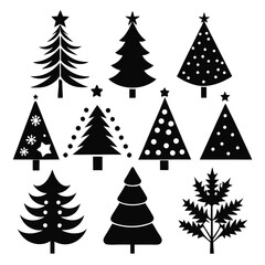 Black Christmas Tree Silhouettes with Stars, Snowflakes, and Polka Dots Festive Design