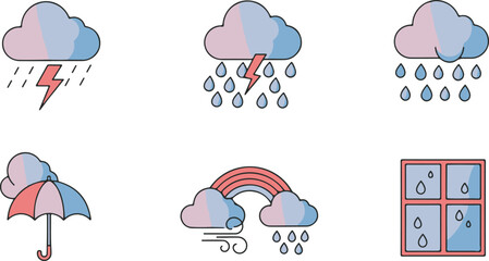 Flat Vector Monsoon Weather Icon Pack – Storm Cloud, Raindrops, Umbrella, Rainbow