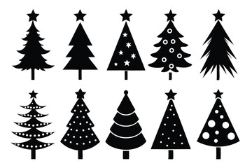 Collection of Silhouette Christmas Trees with Stars and Decorations for Holiday Designs