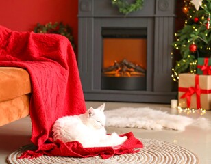 A white cat rests on a red blanket near a fireplace in a festive Christmas living room