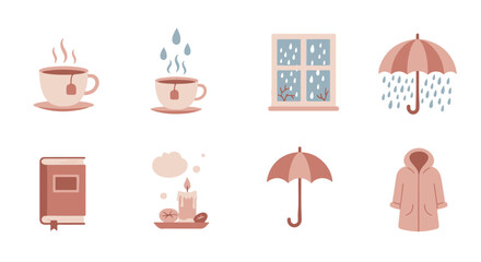 Flat Vector Cozy Rainy Day Icon Set – Tea, Book, Candle, Umbrella, Raindrops