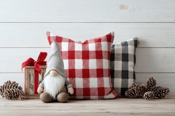 Obraz premium Festive Holiday Cushion. Farmhouse Christmas Throw Pillow Mockup with Gnomes and Plaid Bow on Rustic Wood Backdrop