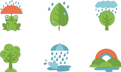 Flat Vector Rainy Nature Icon Set – Frog, Leaf, Flower, Tree, Rainbow, Puddle