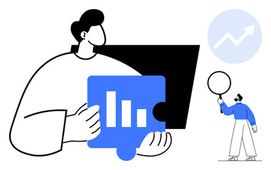 Person holding a puzzle piece with bar chart and another pointing to growth chart. Ideal for business, teamwork, analytics, growth, strategy, collaboration, simple landing page