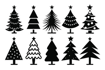 Obraz premium Collection of Black Silhouetted Christmas Trees with Stars and Ornamentation in Varying Designs