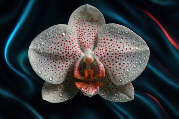 Delicate White Orchid Flower with Red Spots Covered in Water Droplets on Dark Satin Background