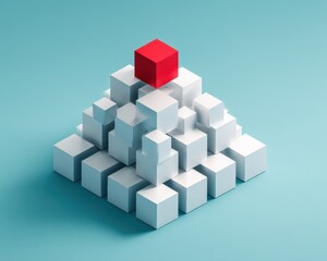 Obraz premium Vibrant Leadership Concept: Bold Red Cube atop a White Pyramid on Turquoise, Symbolizing Distinction in Flat Isometric Style