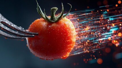 Juicy fresh tomato pierced by fork, with abstract glowing digital data streams flowing past, representing food innovation and technology