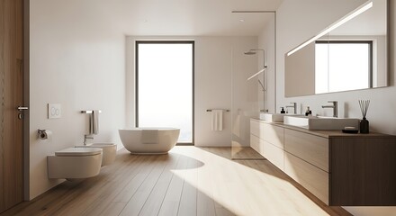 Modern Minimalist Bathroom Design - Sunlight Streaming Through Large Window.